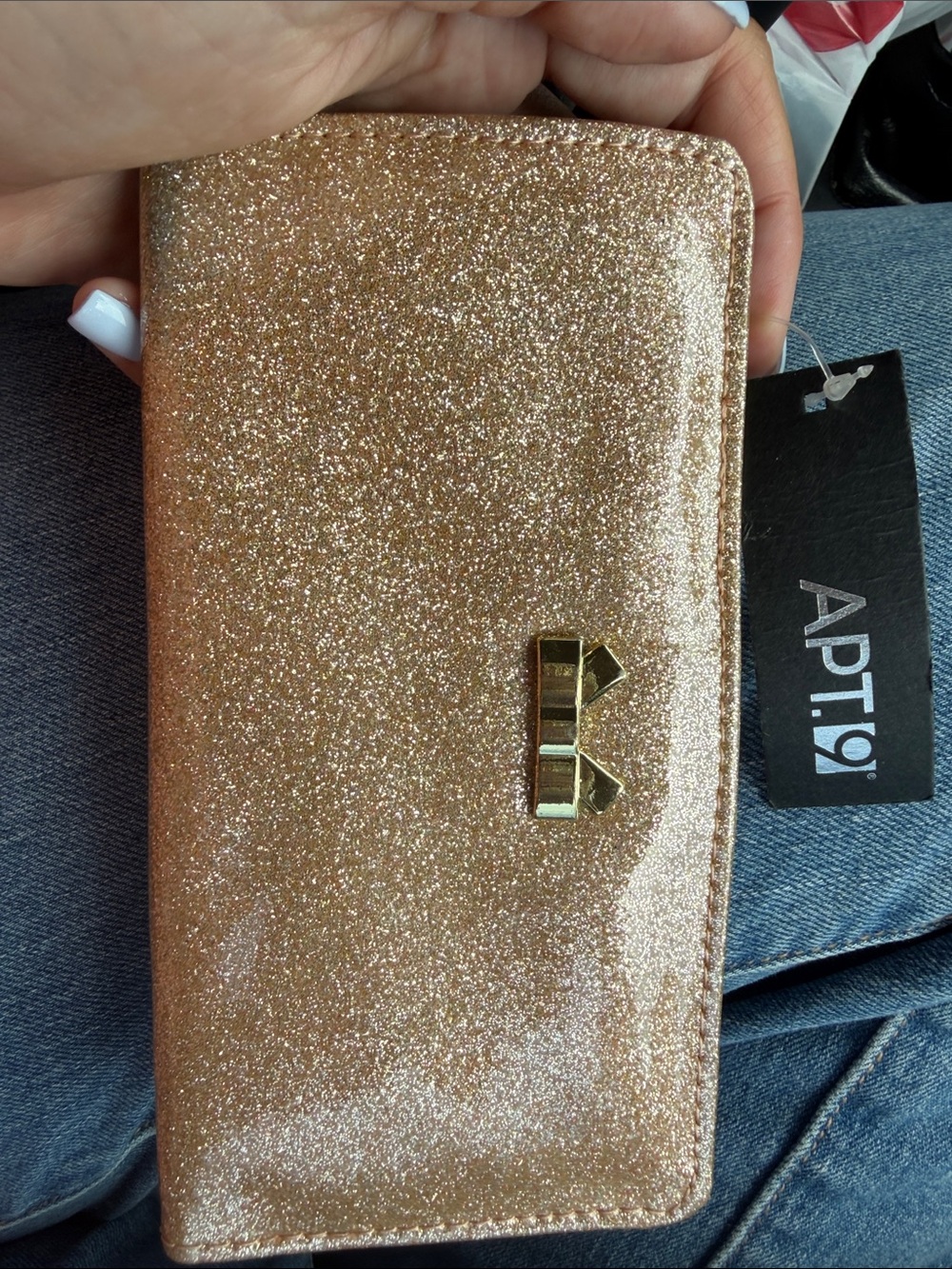 Apt. 9 Rose Gold Glitter Zip Wallet with Gold Bow Accent